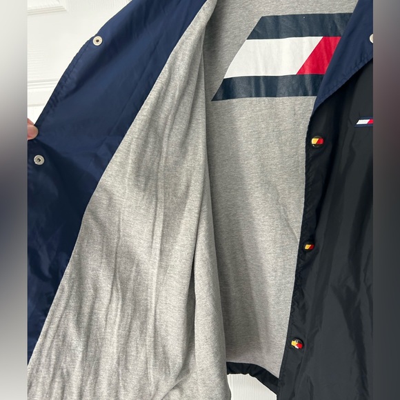 Tommy Hilfiger Vintage Windbreaker Mens XL Black Navy Logo Button Up Collared - Picture 7 of 11